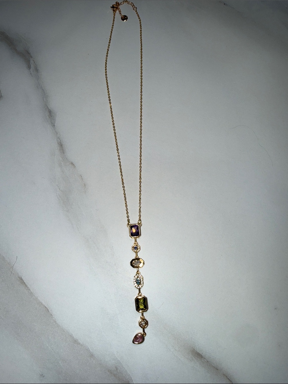Gold-Tone Multi Gem Drop Necklace - Purple & Green
